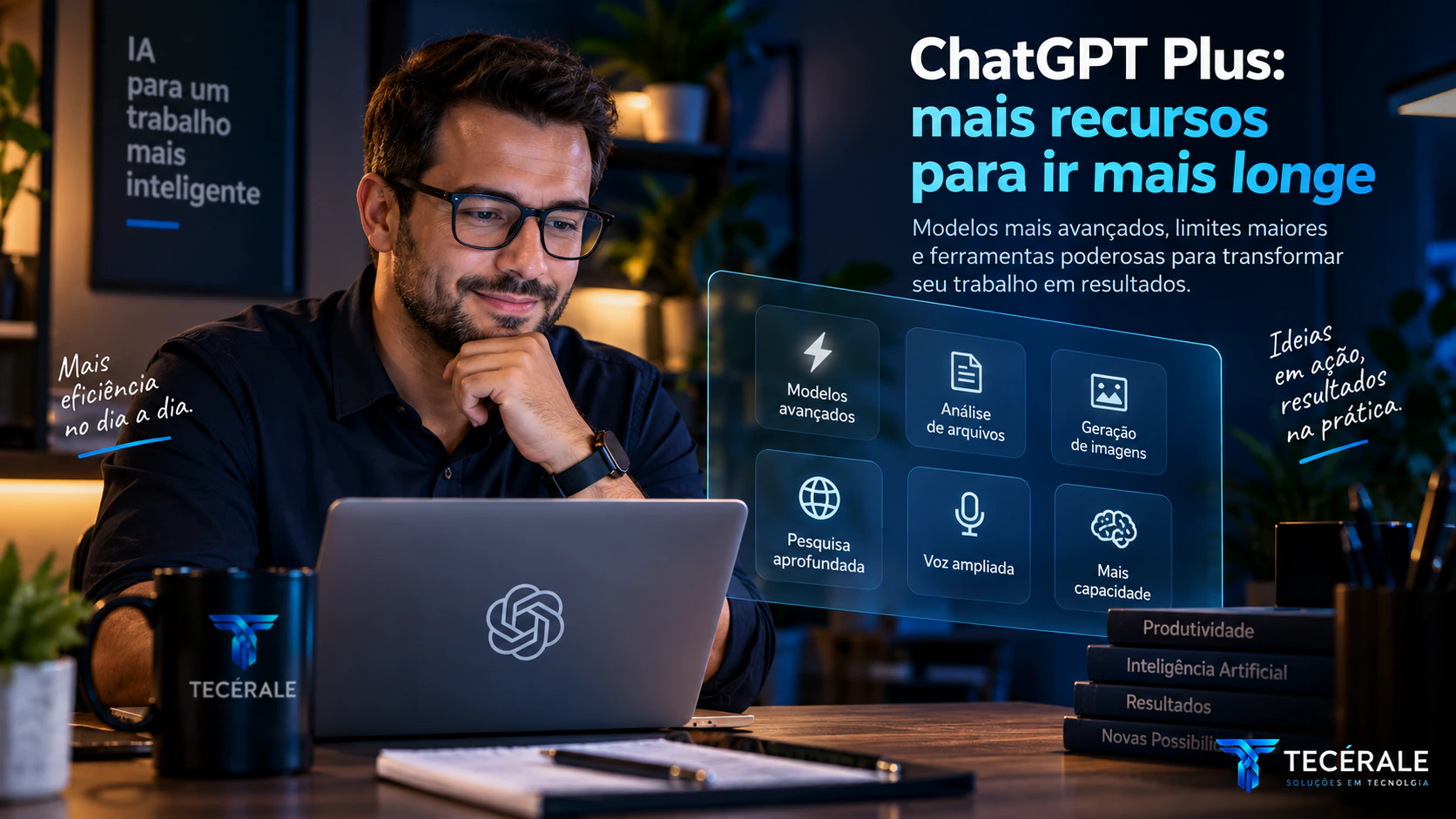 Profissional utilizando recursos avançados do ChatGPT para arquivos, pesquisa, imagens, voz e tarefas de trabalho.