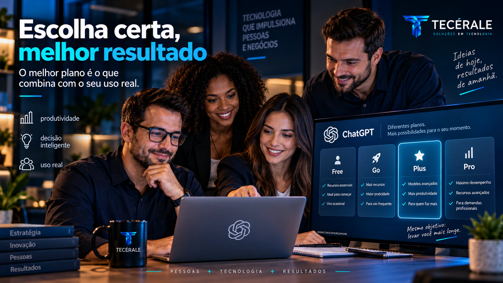 Equipe analisando os planos Free, Go, Plus e Pro do ChatGPT para escolher conforme o tipo de uso.