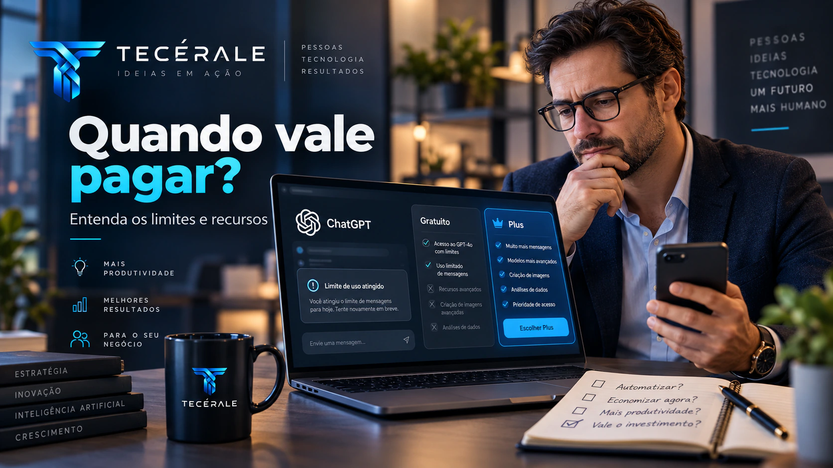 Profissional analisando no notebook os limites e recursos do ChatGPT gratuito e pago.