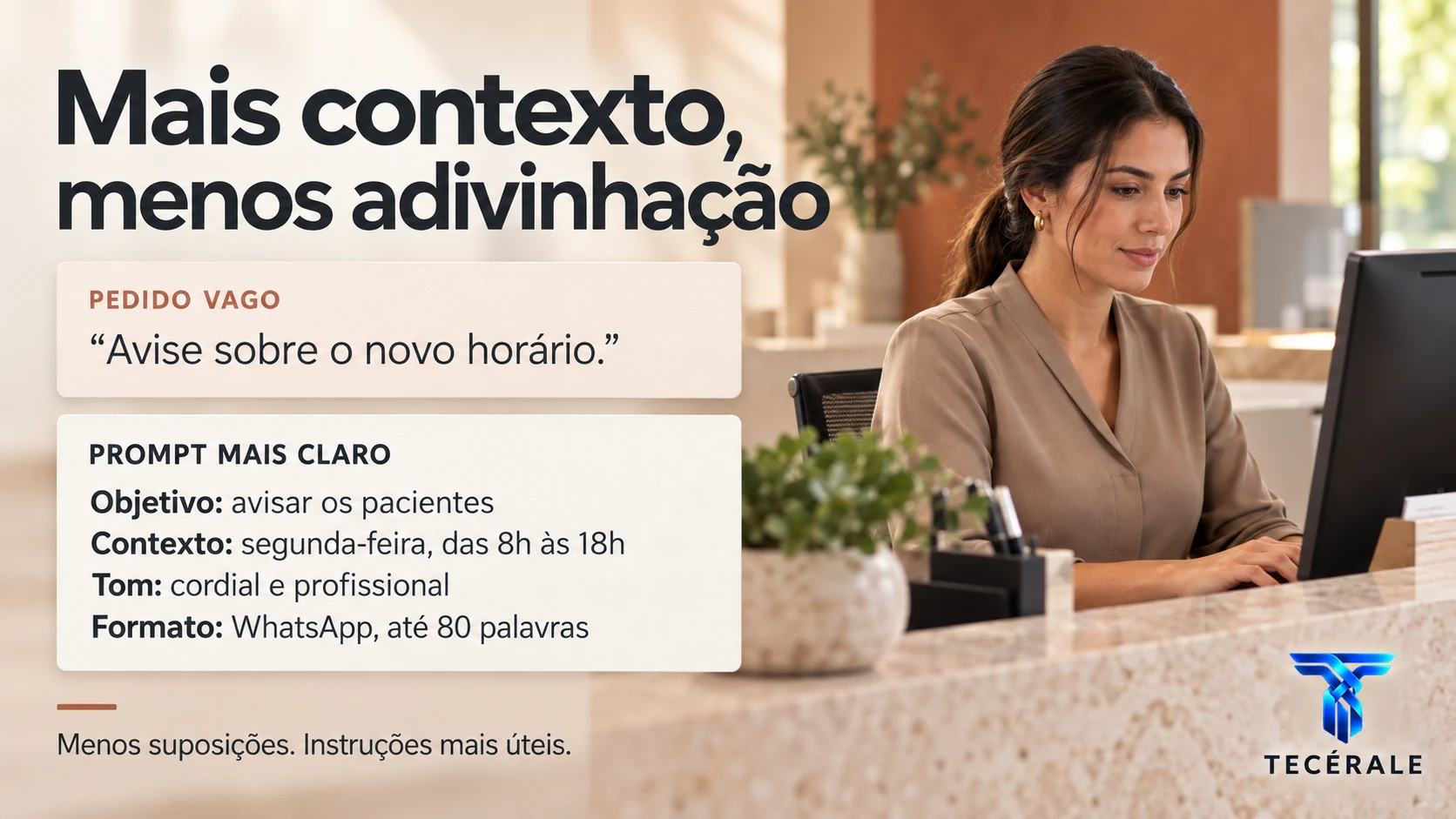 Comparação entre um prompt vago e um prompt estruturado com objetivo, público, contexto e formato.