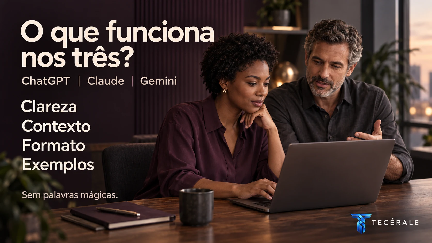 ChatGPT, Claude e Gemini conectados aos princípios de clareza, contexto, formato e exemplos.