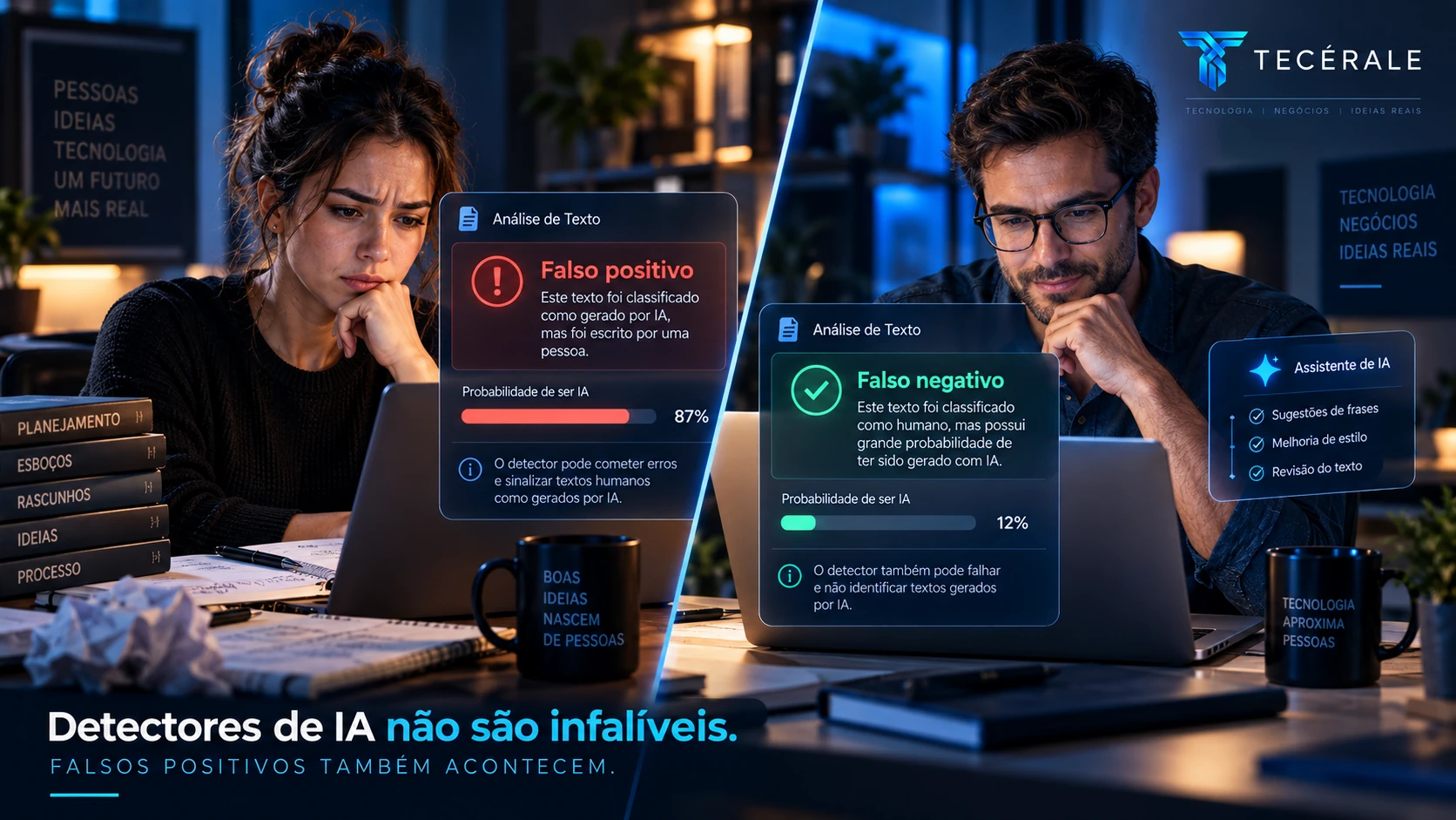 Comparação visual entre falso positivo e falso negativo em uma ferramenta de detecção de texto por IA.