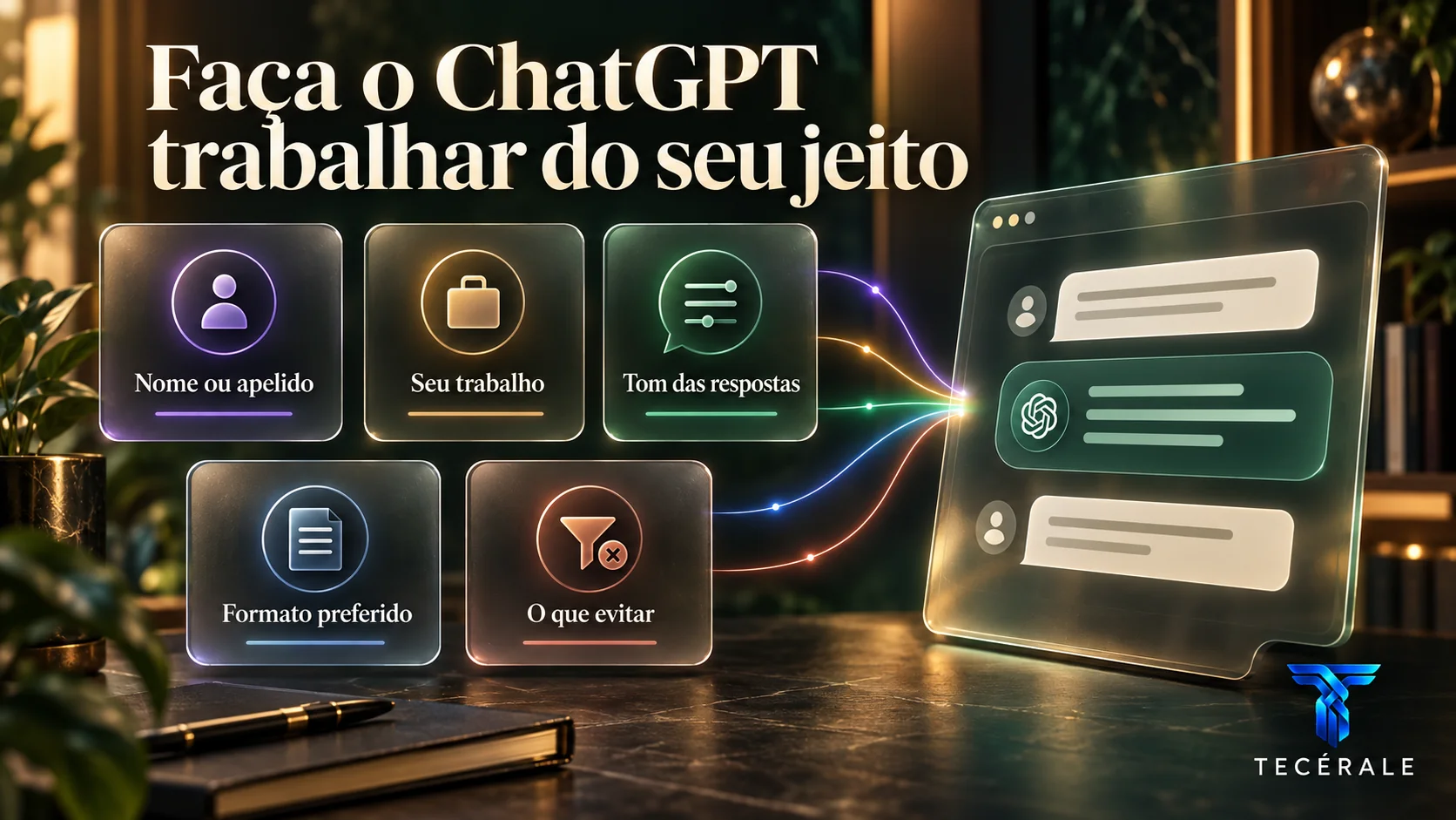Infográfico com informações que podem ser usadas para personalizar o ChatGPT, como apelido, trabalho, tom e formato das respostas.