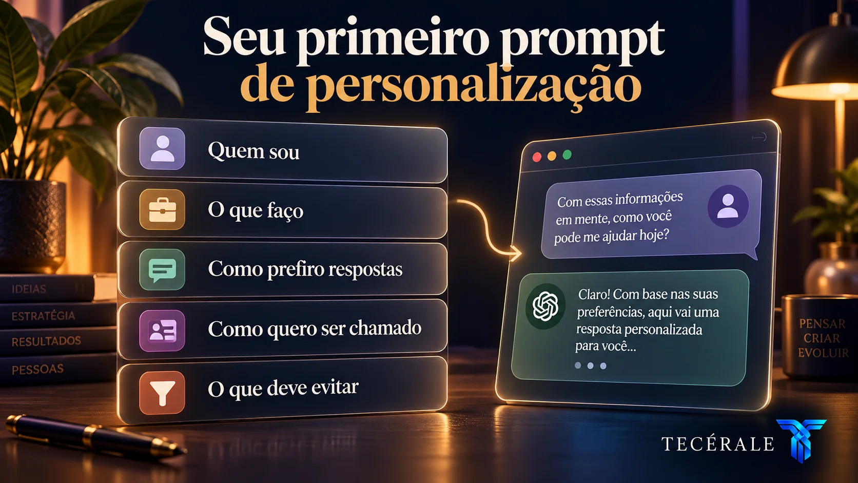 Checklist para criar um prompt de personalização com perfil, trabalho, forma de resposta, apelido e preferências.