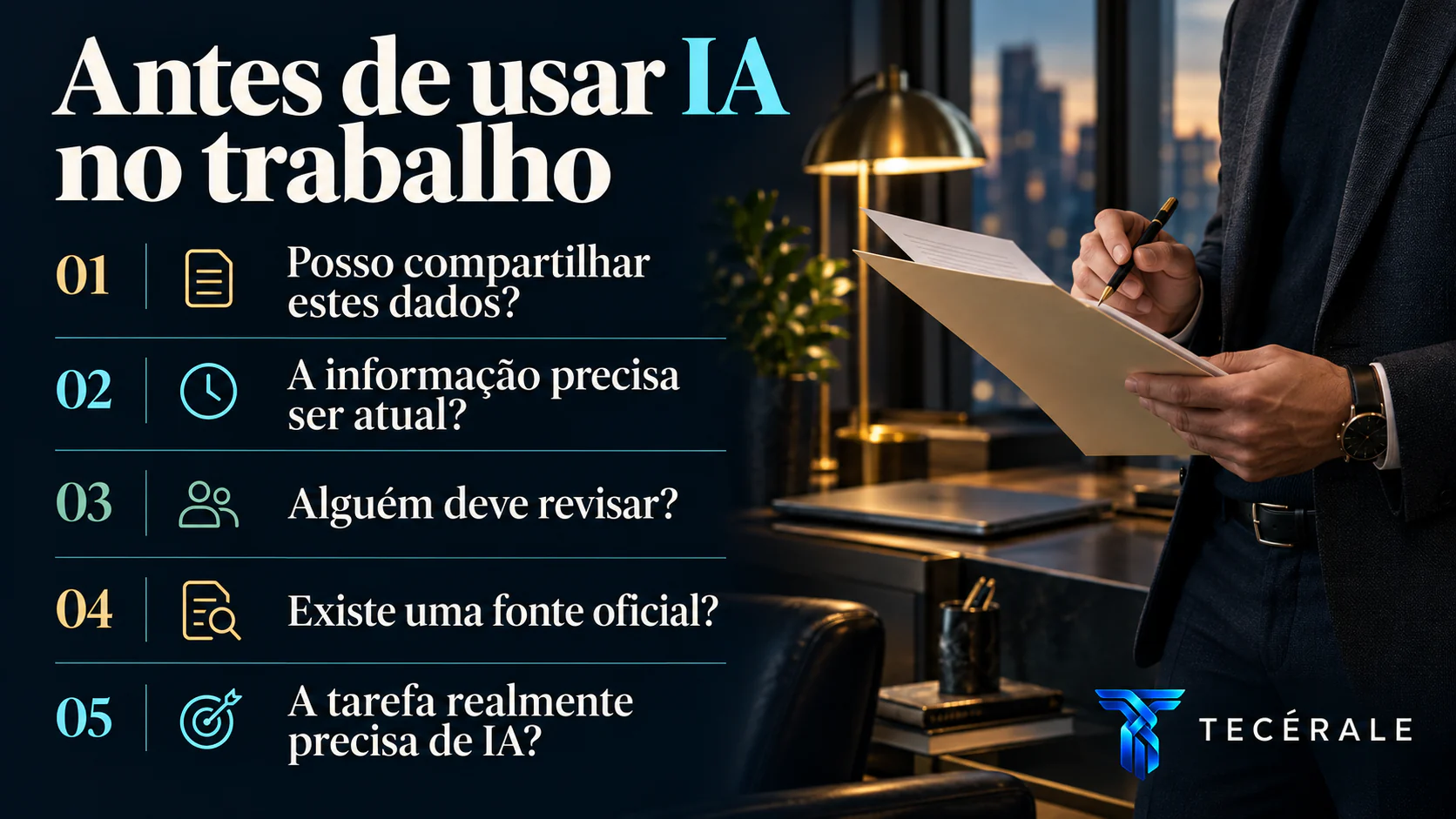 Checklist para uso responsável de inteligência artificial no trabalho com perguntas sobre dados, atualização, revisão, fontes e necessidade real.