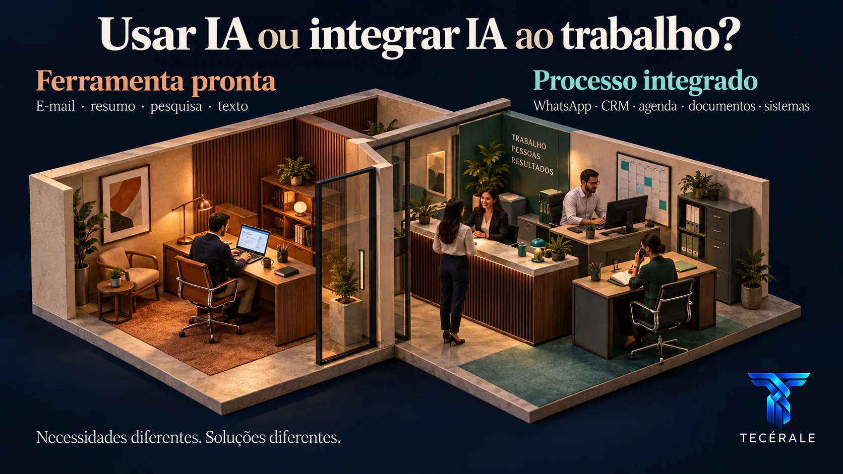 Comparação entre profissional usando IA em tarefas individuais e empresa integrando IA ao WhatsApp, CRM, agenda, documentos e sistemas.