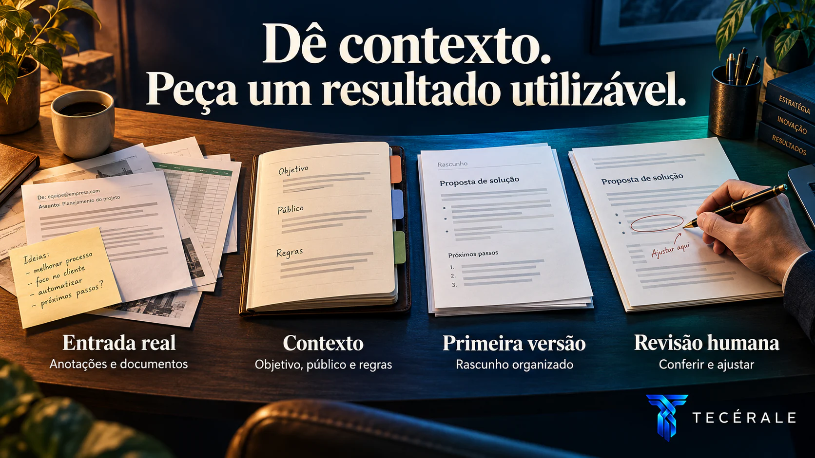 Fluxo de trabalho com inteligência artificial usando entrada real, contexto, primeira versão e revisão humana.