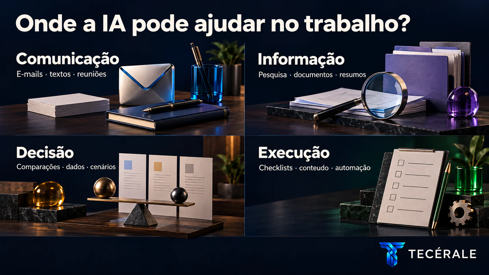 Infográfico com usos de inteligência artificial no trabalho agrupados em comunicação, informação, decisão e execução.