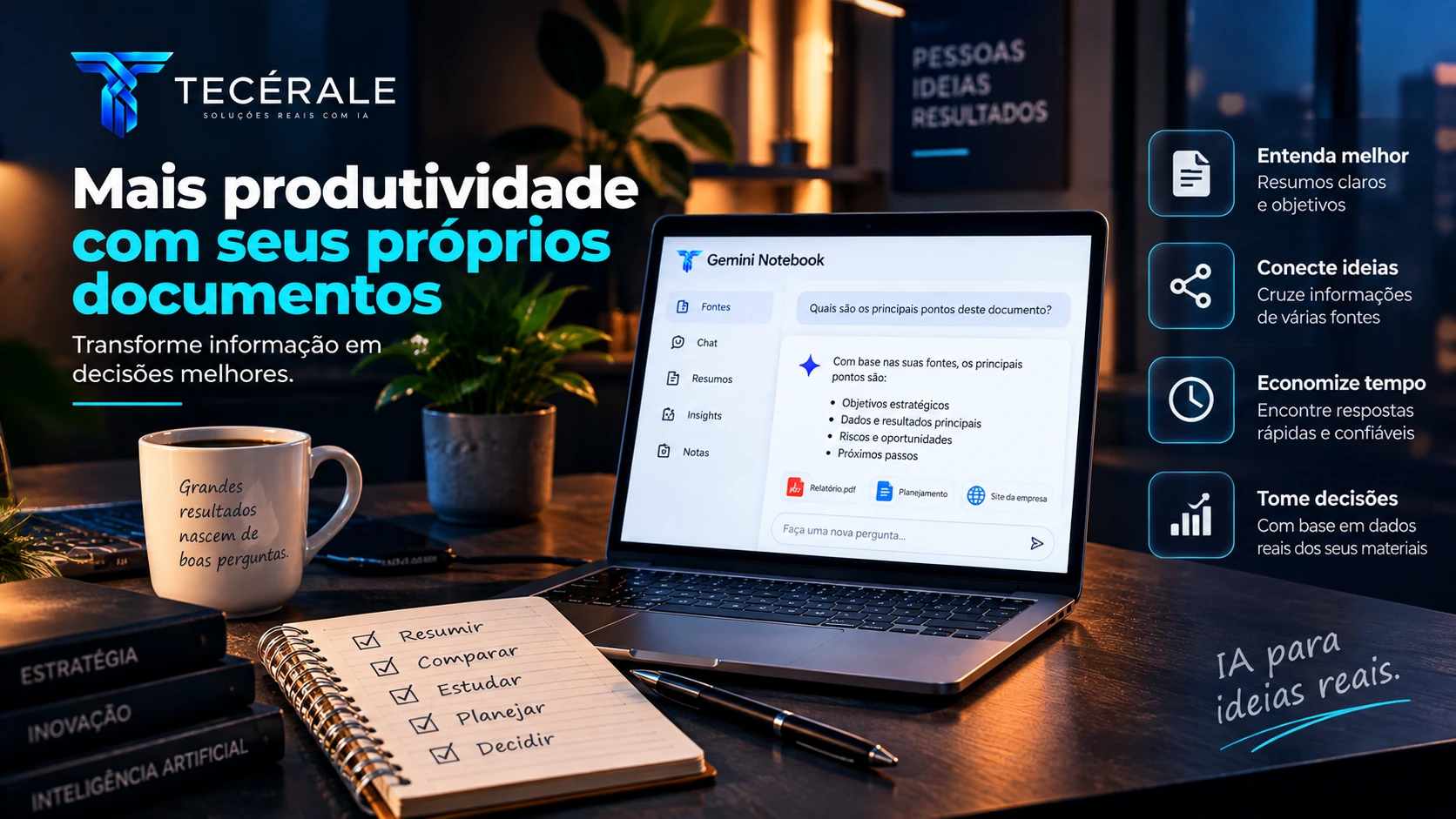Espaço de trabalho utilizando inteligência artificial para resumir, comparar e analisar informações de documentos.