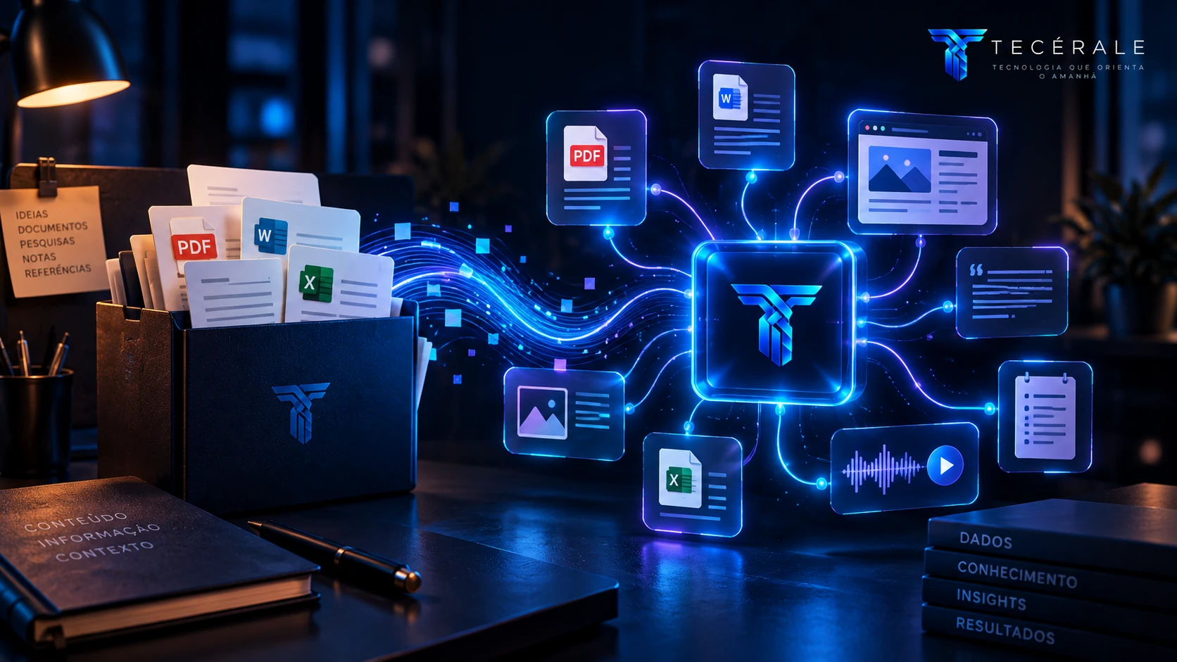 Representação de documentos e diferentes fontes sendo conectados a uma base de conhecimento com inteligência artificial.
