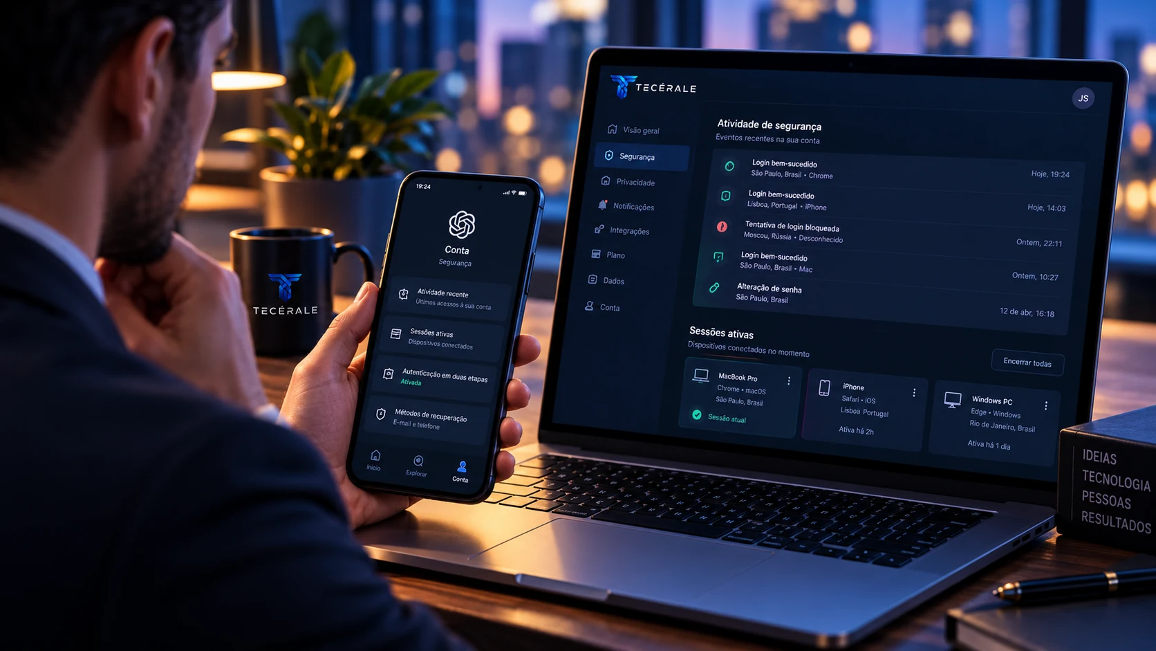 Profissional verificando atividades de segurança e sessões da conta em dispositivos digitais.