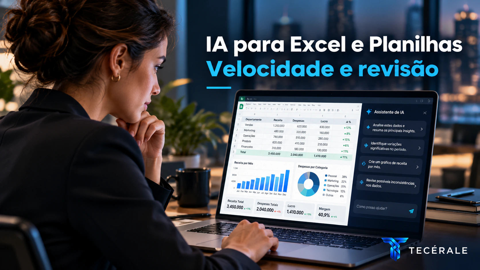 Profissional analisando uma planilha com assistente de inteligência artificial em um notebook.