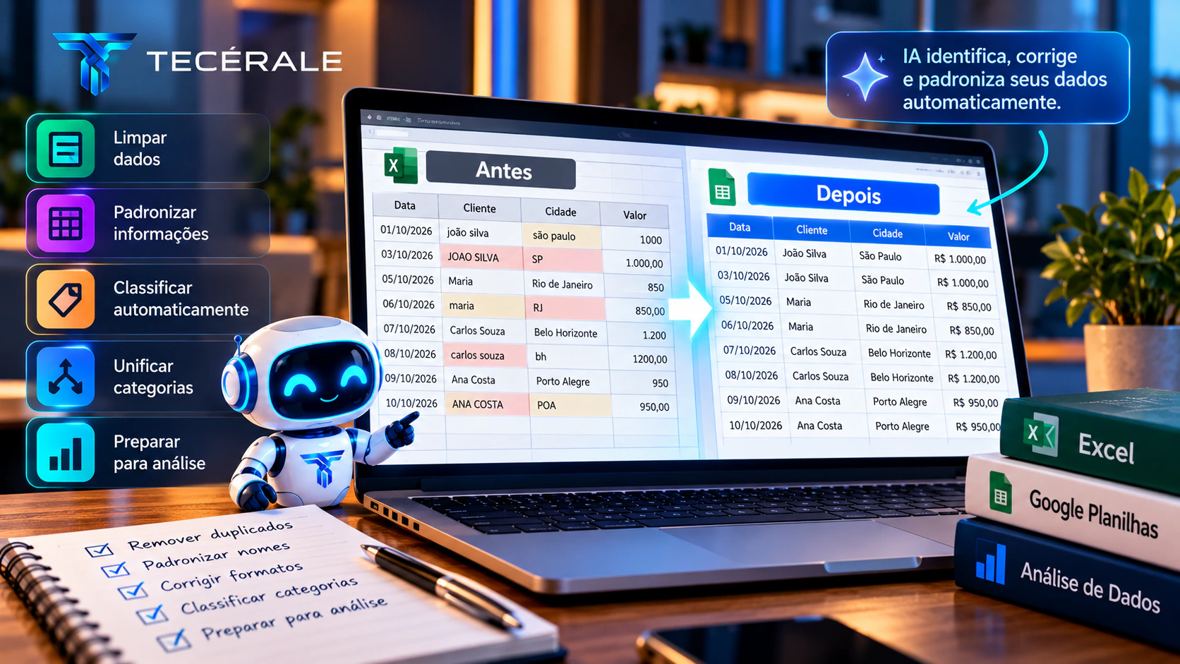 Comparação entre dados despadronizados e dados organizados por inteligência artificial em uma planilha.