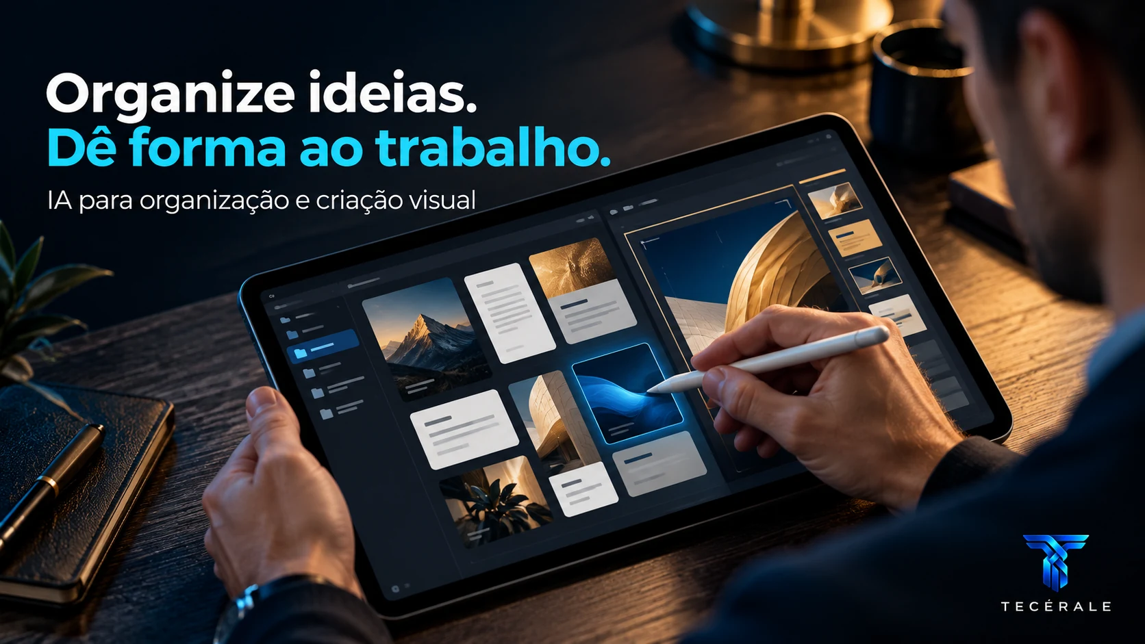 Mão segurando caneta digital sobre um tablet, organizando blocos visuais de projetos.