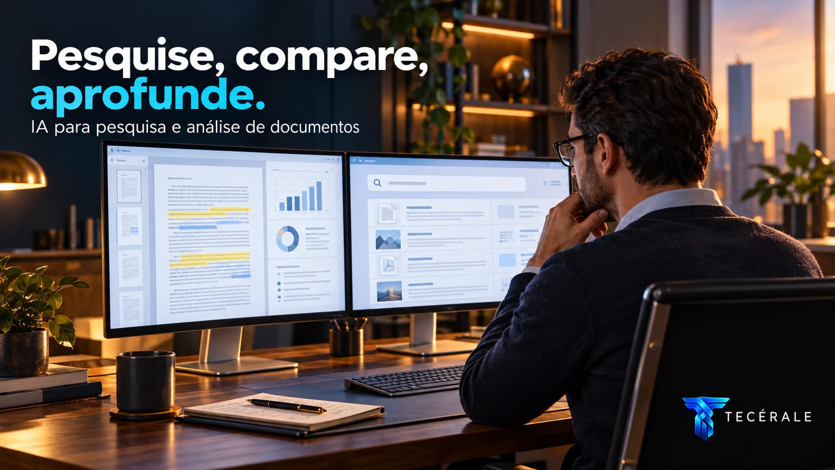 Profissional utilizando monitores duplos para pesquisar e cruzar informações empresariais.