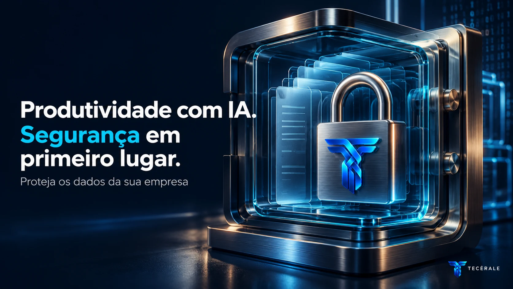 Representação holográfica de um cadeado digital protegendo dados empresariais.