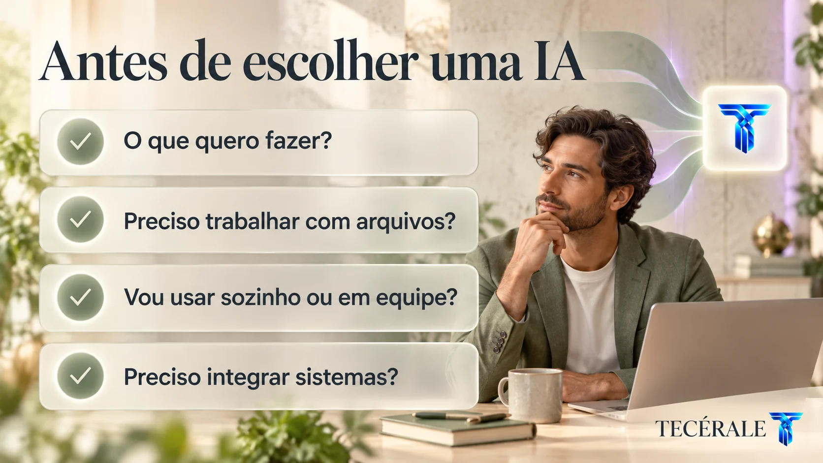 Checklist com perguntas para escolher uma ferramenta gratuita de IA de acordo com tarefa, arquivos, equipe e integrações.