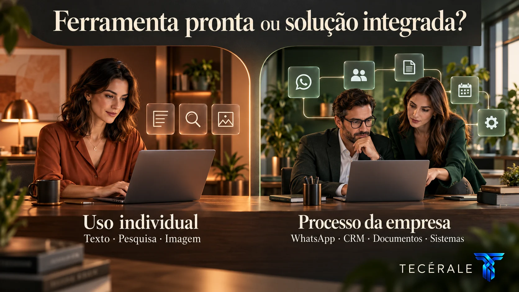 Comparação entre uso individual de ferramentas prontas de IA e uma solução integrada ao WhatsApp, CRM, documentos e sistemas da empresa.