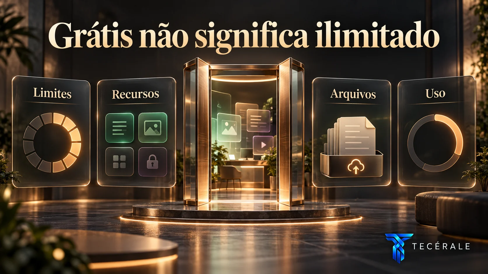 Painel mostrando que ferramentas de IA gratuitas podem ter limites de uso, recursos e arquivos.