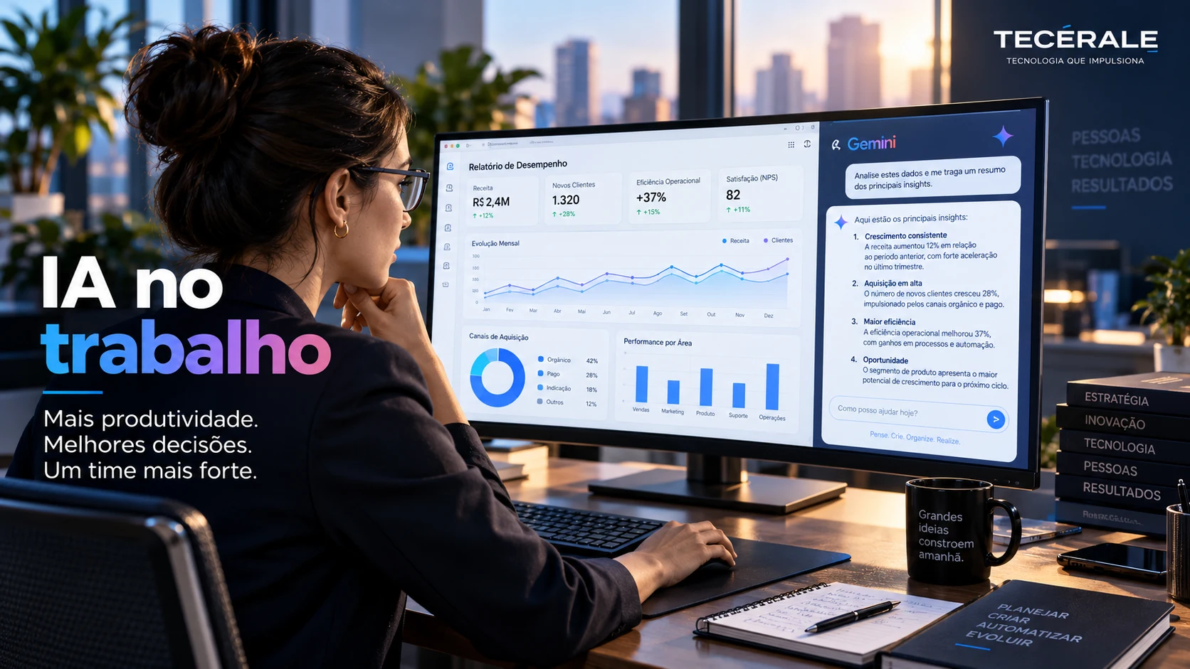 Mulher em um escritório moderno analisando gráficos e relatórios em um monitor ultrawide com auxílio de inteligência artificial.