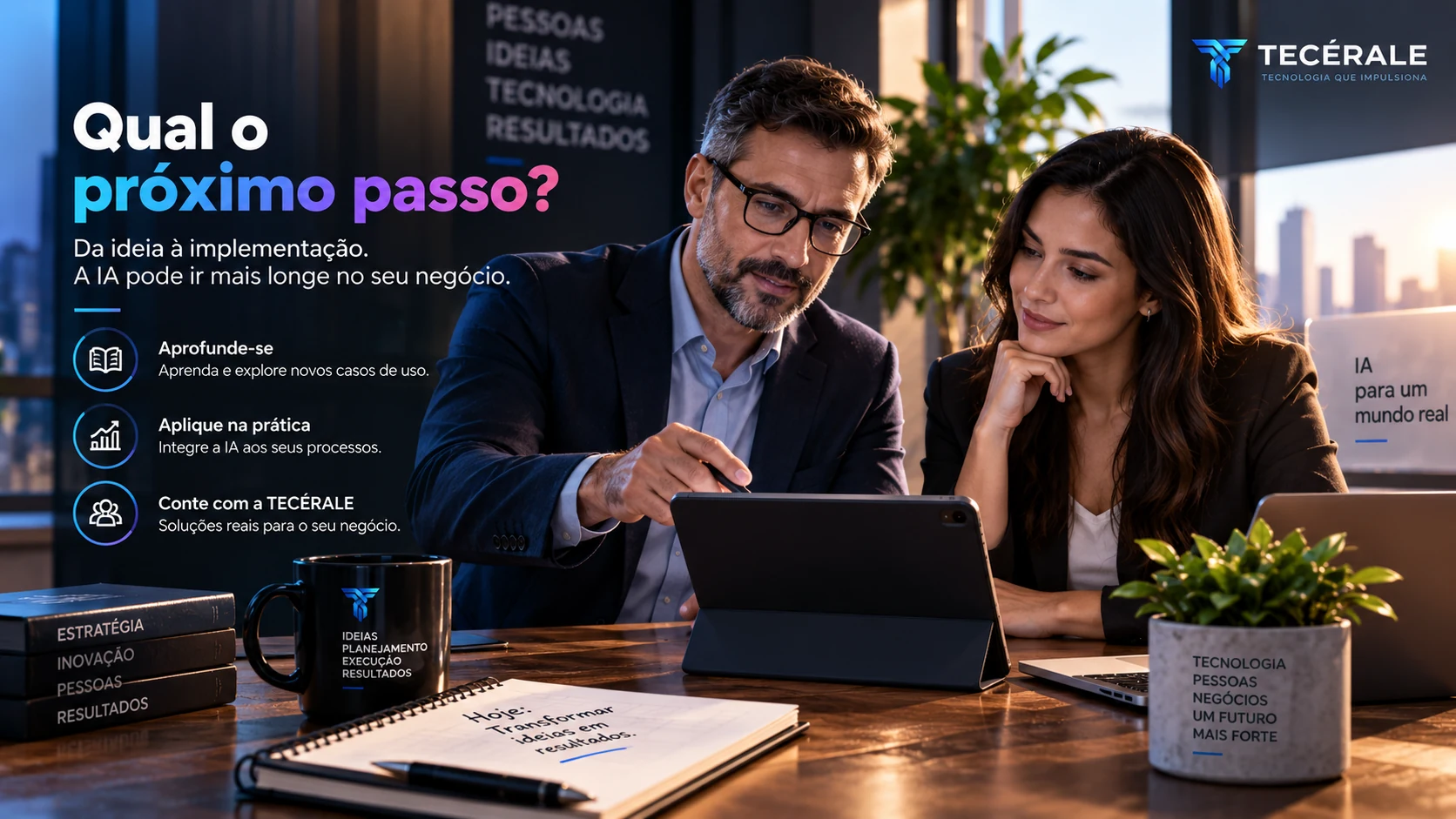 Dois profissionais em uma sala de reunião moderna discutindo estratégias usando um tablet.