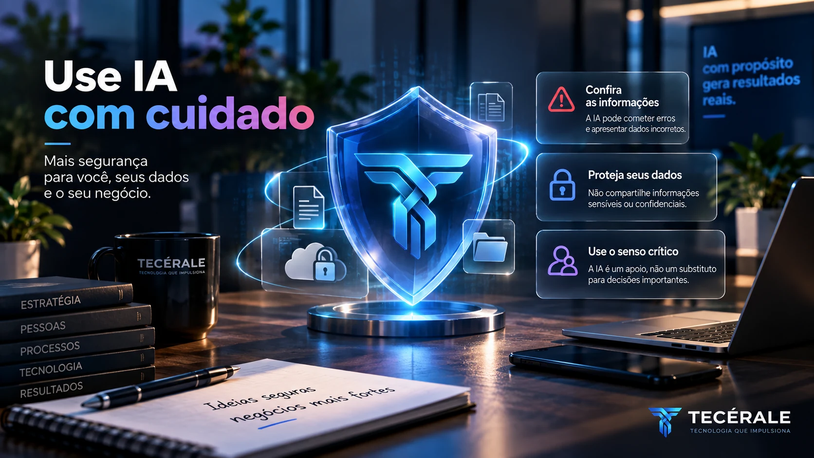 Escudo digital protegendo pastas de arquivos, representando segurança de dados e privacidade no uso de inteligência artificial.
