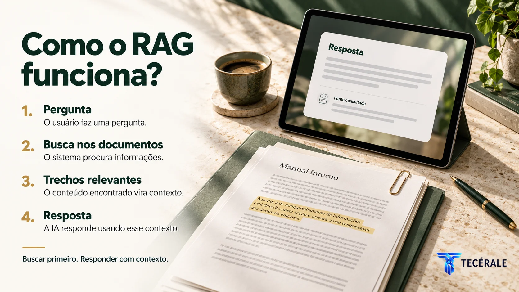 Fluxo de RAG mostrando pergunta, busca em documentos, recuperação de trechos relevantes e geração de resposta.