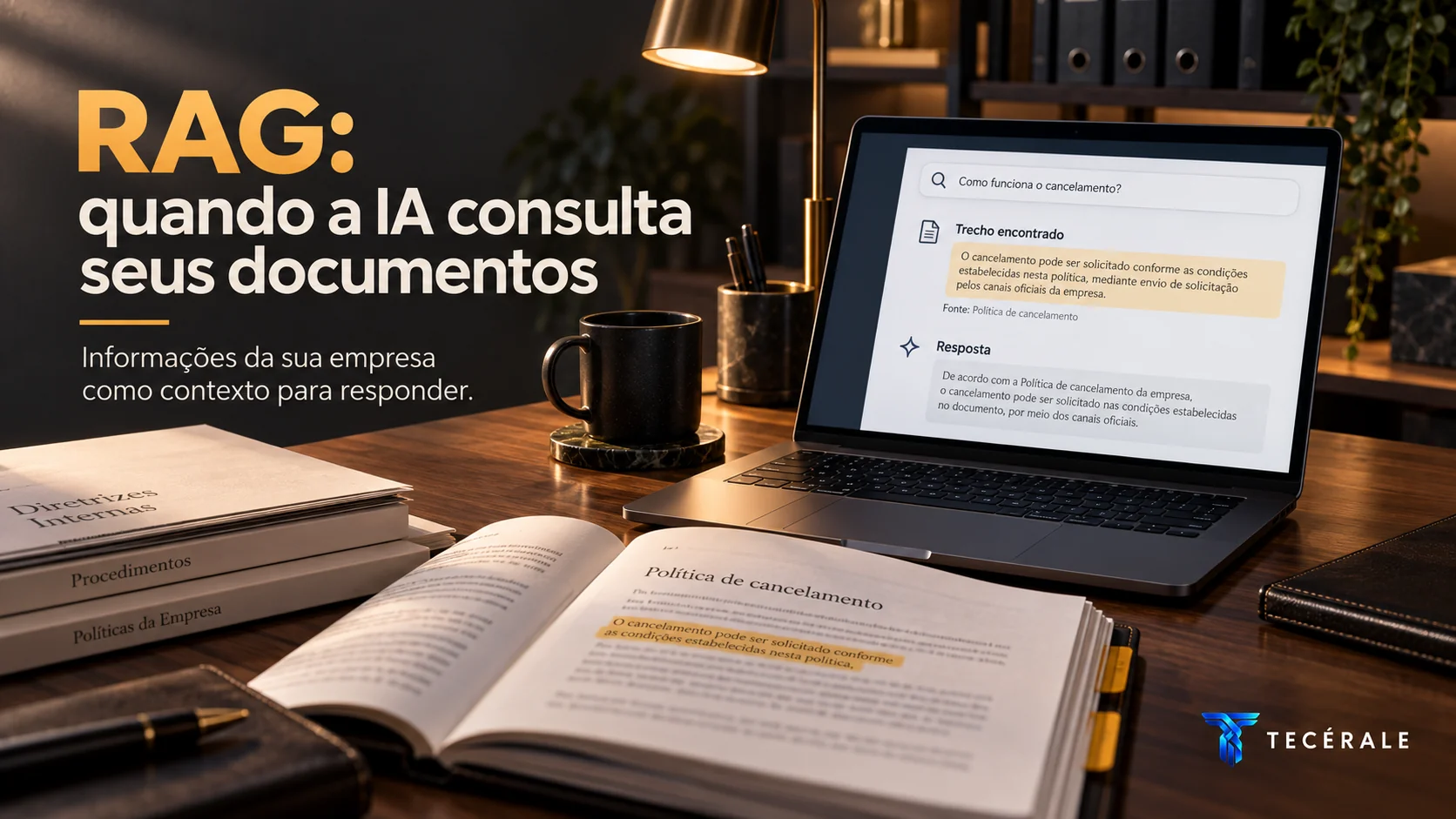 Inteligência artificial consultando documentos empresariais para encontrar trechos relevantes antes de responder.