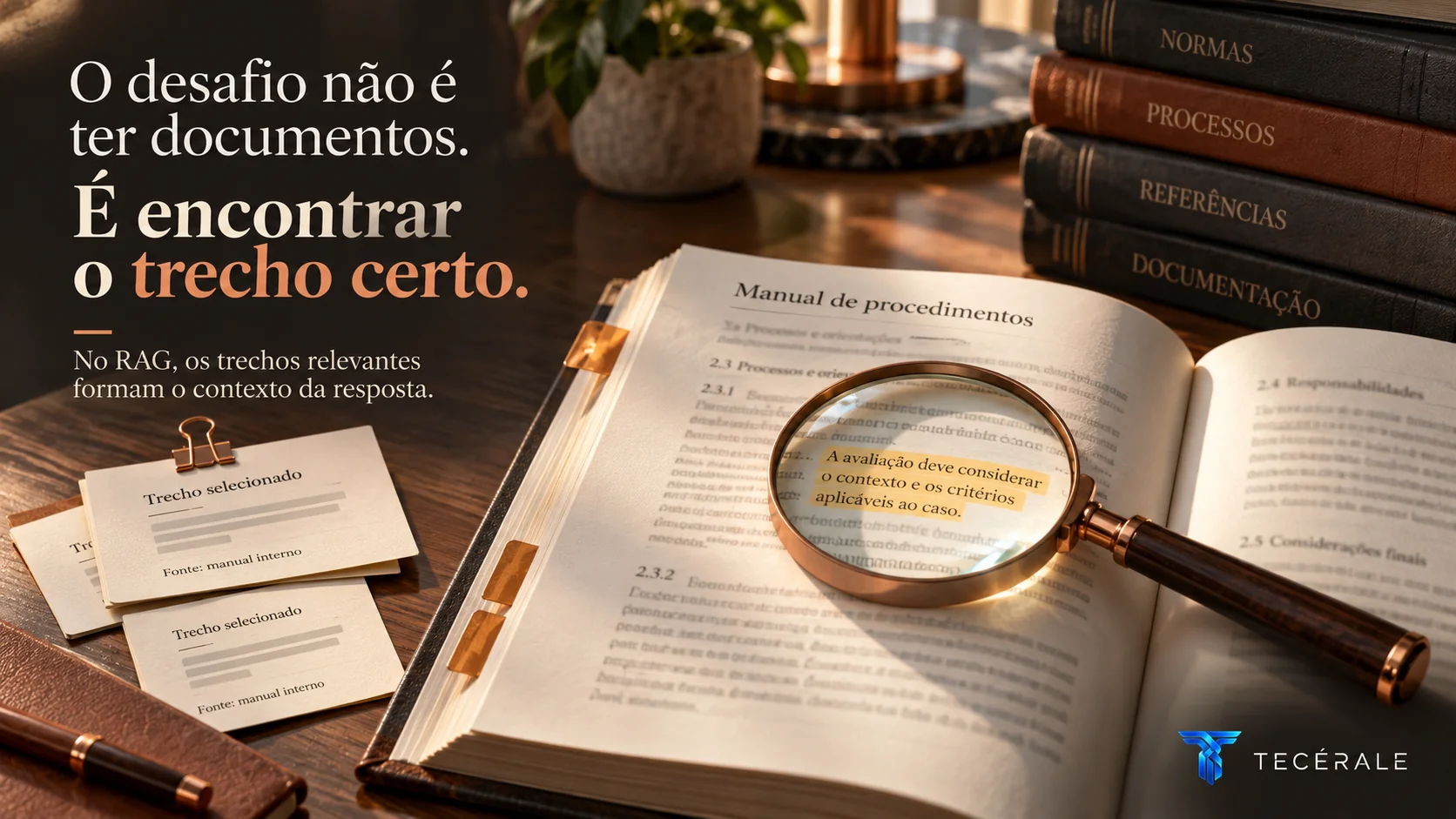 Documento dividido em partes menores com uma busca selecionando os trechos mais relevantes para a pergunta.