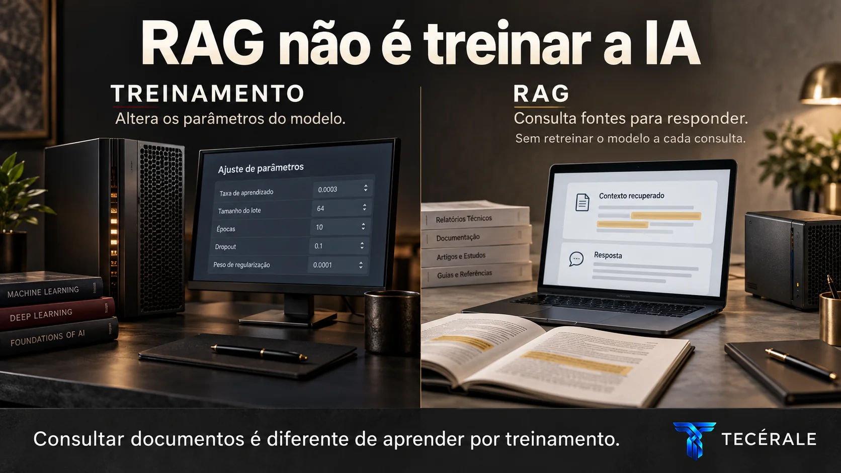 Comparação entre treinamento de um modelo de IA e RAG consultando documentos no momento da pergunta.